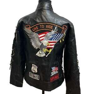 Diamond Plate Buffalo CustomLeather Biker Jacket w/ Patches American  - Size S